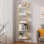 YMYNY 5 Bibliothèque d'étages, étagère murale industrielle, rack à affichage ouvert avec cadre en métal, étuves de rangement en bois pour chambre à coucher, bureau à la maison, salon, blanc+or, 70*17.3*11.8"UHBC015W