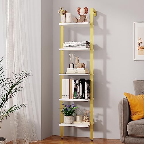 YMYNY 5 Tiers Ladder Bookcase, Industrial Wall Mounted Bookshelf, Open Display Rack with Metal Frame, Wooden Storage Shelves for Bedroom, Home Office, Living Room, White+Gold, 70*17.3*11.8"UHBC015W