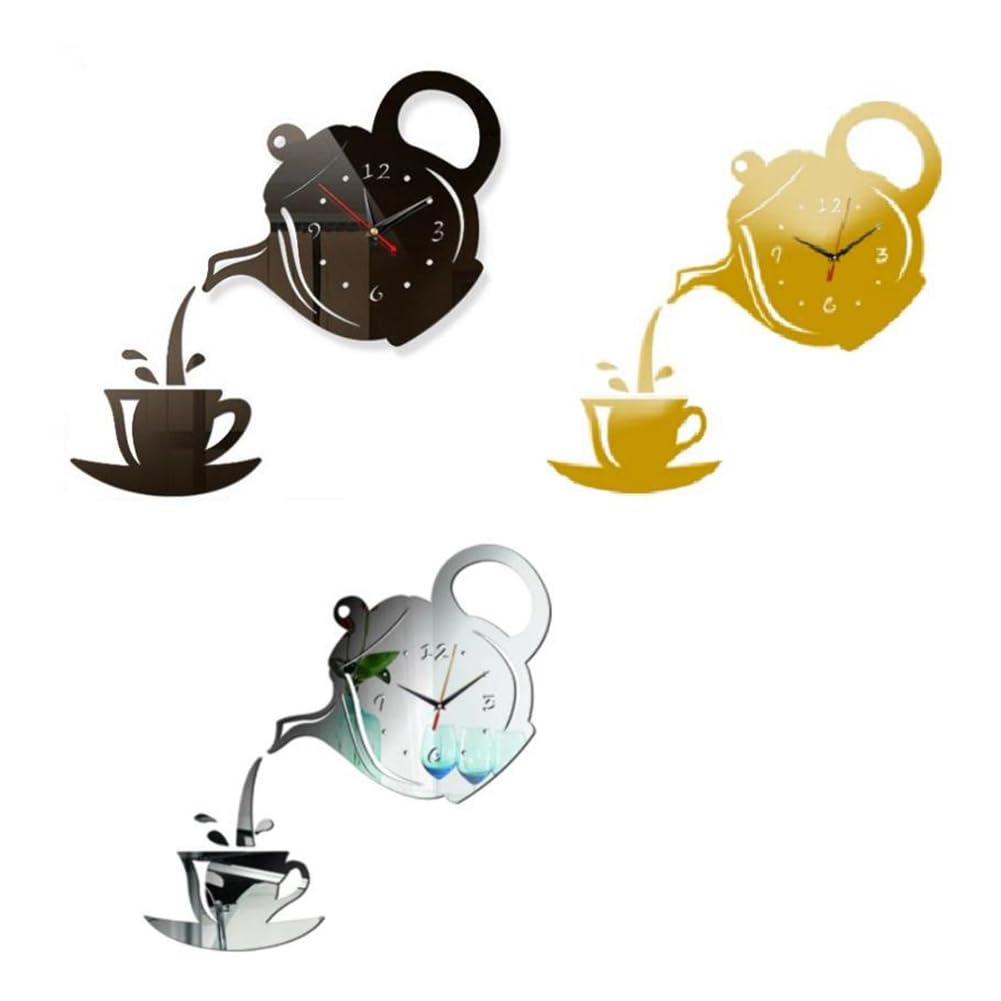 Fowecry As Shown 3Pcs Diy Acrylic Coffee Cup Teapot 3D Wall Clock Decorative Home Decoration Clock Living Room Dining Room Home Decor Clock