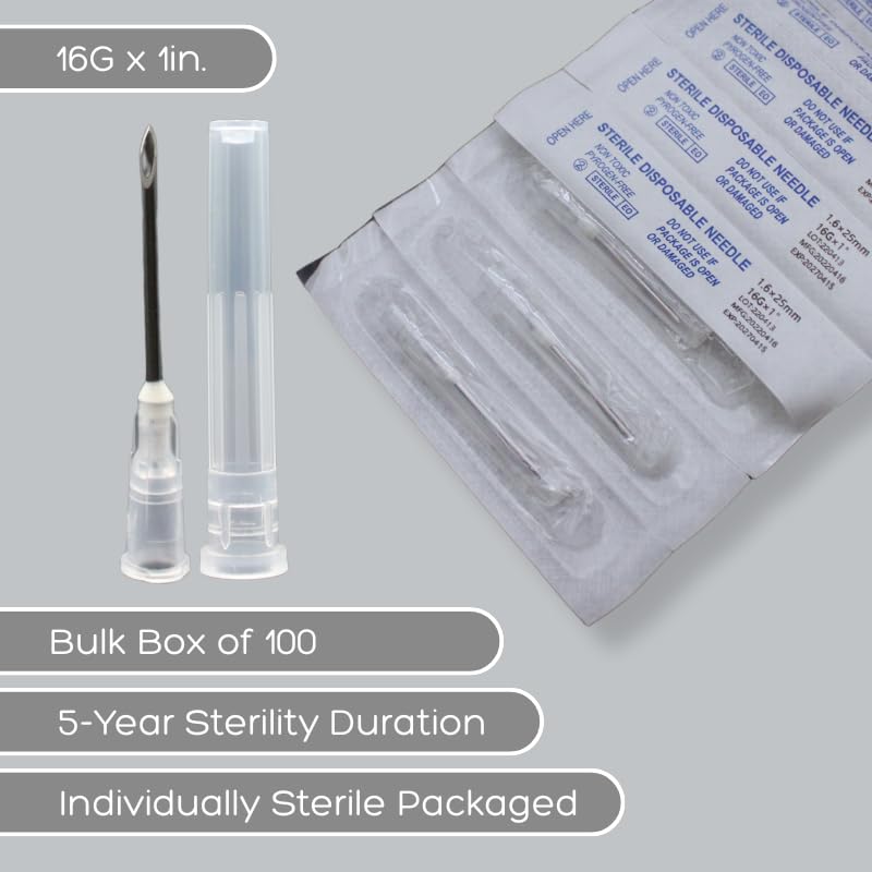 Ideal Poly Hub Disposable Needles – 16Gx1, Box of 100 - Livestock use | Tri-Beveled Stainless Steel Cannula with Silicone Coating for Farm Animal Use – Color-Coded, Sterile