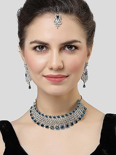 Image of Karatcart Light Green American Diamond Silver Plated Choker Necklace Set for Women