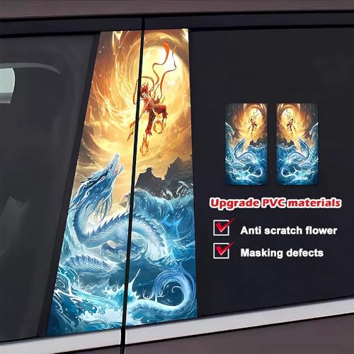 Image of Blueshyhall 2PCS Car B-Pillar Vinyl Decals, Ne Zha Mo Tong Nao Hai Personalized Vehicle Door Pillar Sticker, Waterproof Sun Protection Scratch Cover