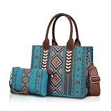 Dyalsa Tote Bag for Women 2PCS Small Western Printed Purses Shoulder Boho Aztec Handbags Clutch Purse for Work Travel AL-043TQ-S