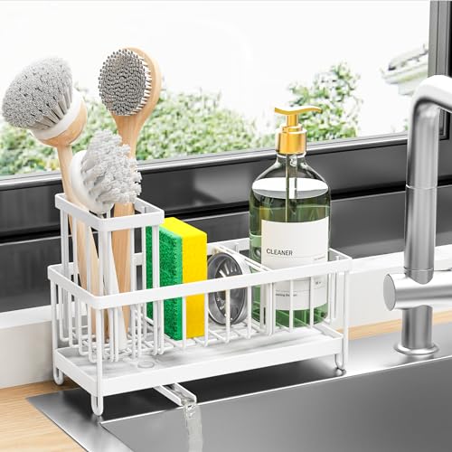 Image of Cisily Sponge Holder for Kitchen Sink, Sink Caddy Organizer with High Brush Holder, Kitchen Countertop Organizers and Storage Essentials, Rustproof 304 Stainless Steel (White, 9.25″)