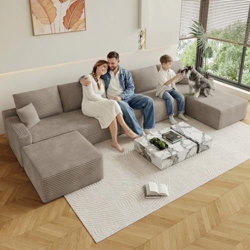 Image of Oversized Modular Sectional Sofa Couch,Large 7 Seater Corner Sofa Modern U Shaped Sectional Couch with Ottoman Cloud Couches for Living Room,Office, Spacious Space, Corduroy,No Assembly,Camel