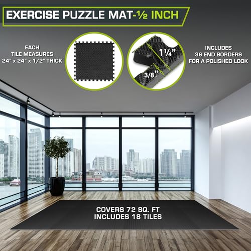 Image of ProsourceFit Exercise Puzzle Mat 1 /2-inch, EVA Interlocking Foam Floor Tiles for Home Gym, Workout Equipment, Kids Play Areas, Black, 72 SQ FT - 18 Tiles