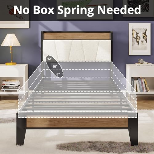 LIKIMIO Twin Bed Frames, Storage Headboard with Charging Station, Solid and Stable, Noise Free, No Box Spring Needed, Easy Assembly, Wood and Cream