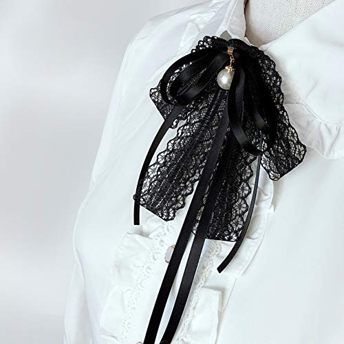 Image of Lace Ribbon Bow Tie Brooch Rhinestone Pearl Necktie for Girl Women Fashion jabot collar brooch pins Pre-Tied Corsage