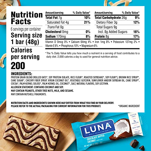 Luna Bar - Gluten Free Snack Bars - Chocolate Dipped Coconut Flavor -8G Of Protein - Non-Gmo - Plant-Based Wholesome Snacking - On The Go Snacks (1.69 Ounce Snack Bars, 6 Count) #TOP4