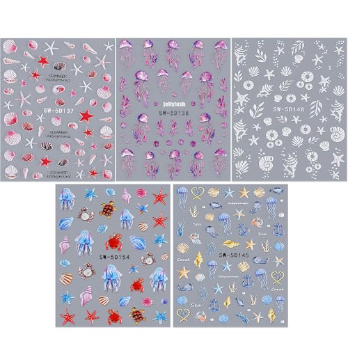 Jaliya JLA0323 5D Embossed Ocean Nail Stickers Summer Nail Decals Shell Starfish Jellyfish Nail Sticker Nails Stickers Sea Animals Nail Art Stickers Beach Nail Stickers thumb #1