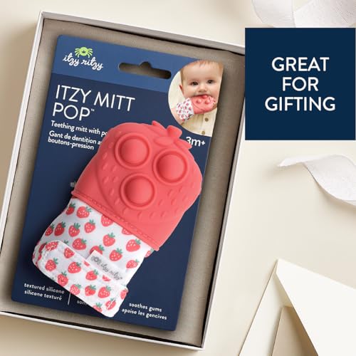 Image of Itzy Ritzy Silicone Teething Mitt - Soothing Infant Teething Mitten with Adjustable Strap, Crinkle Sound & Textured Silicone to Soothe Sore & Swollen Gums - for Ages 3 Months & Up (Strawberry)