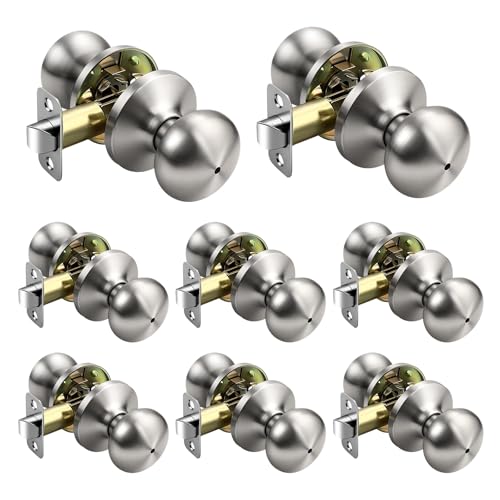 KNOBWELL Brushed Nickel Interior Door Knobs, Keyless Privacy Door Knob for Bedroom Bathroom, Stainless Steel Indoor Door Knobset, Flat Ball Shape, 8 Pack
