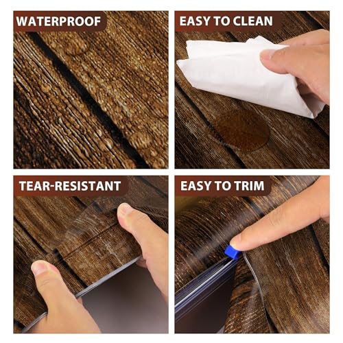 Image of Kochorie 200 Ft x 54 Inch Wood Grain Tablecloth Roll in Slide Cutter Box Disposable Rustic Backdrop Vintage Table Cover Western Themed Bulletin Board Plastic Roll for Barn Birthday Classroom Decor