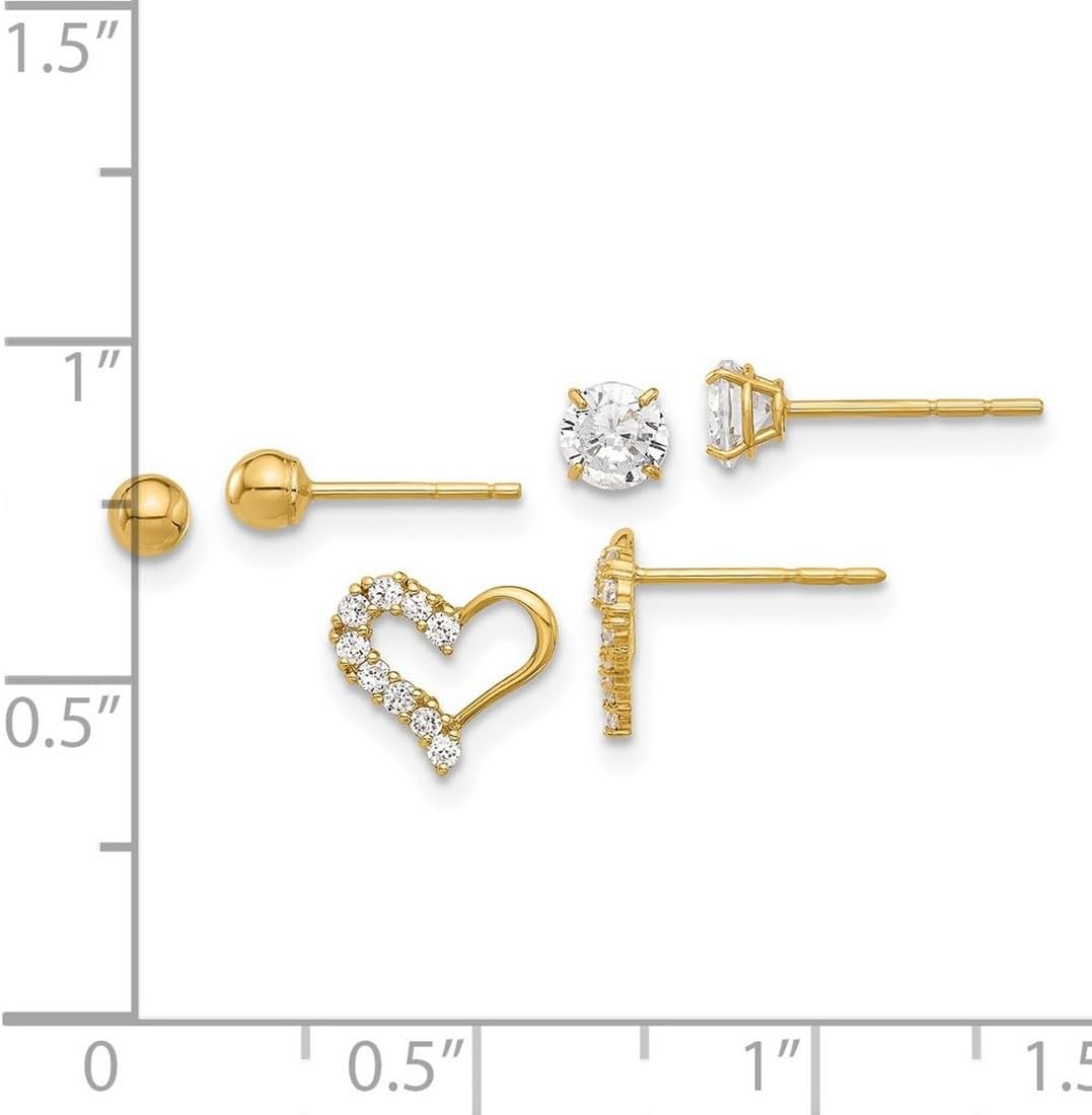 14k Solid Yellow Gold Polished Cubic Zirconia Ball and Love Heart Post Earrings Set Ball Earring for Women