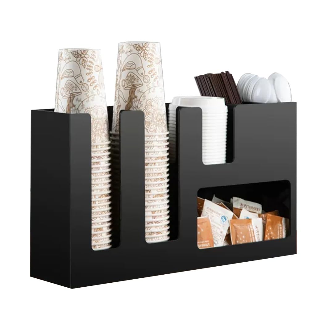 Organizer na kawę, uchwyt na pokrywkę ze stali nierdzewnej, organizer do kawy, akrylowy uchwyt na kubek z papieru, pudełko ze słomką, czarny, 40x10x24 cm, 6 przegródek