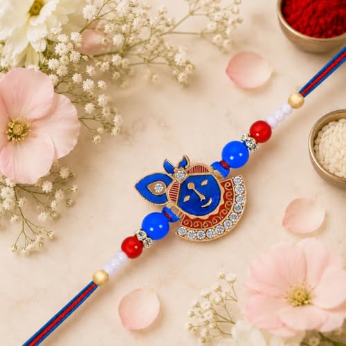 Image of Riddhika Ventures Religious Gold Plated Meenakari Sacred Ganesha Rakhi with Roli Chawal and Greeting Card