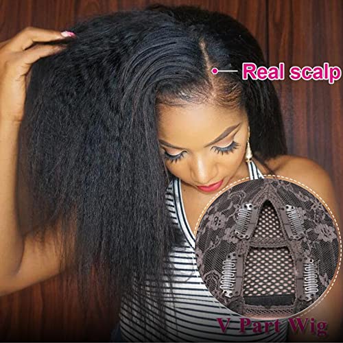 Image of KLAIYI V Part Kinky Straight Human Hair Glueless Wear and Go Wig Upgrade U Part Wigs for Women No Glue No Leave Out Yaki Straight None Lace Front Clip In Half Wig Ready to Go Beginners 24Inch