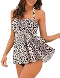 LookbookStore Women's Summer Leopard Tan Two-Piece Tankini Bikini Sets Halter & Bandeau Self-Tied Swimsuits Size 8-10
