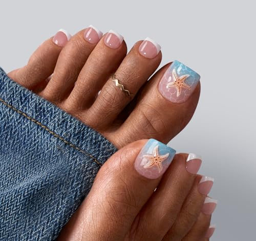 BTArtbox Press On Toenails Short - Tide Play Pedi Easy-to-Apply 3D Starfish French Tip Square Toe Nail Press Ons with Glue and Adhesive Tabs in 15 Sizes - 30 Toenails All-in-One Kit
