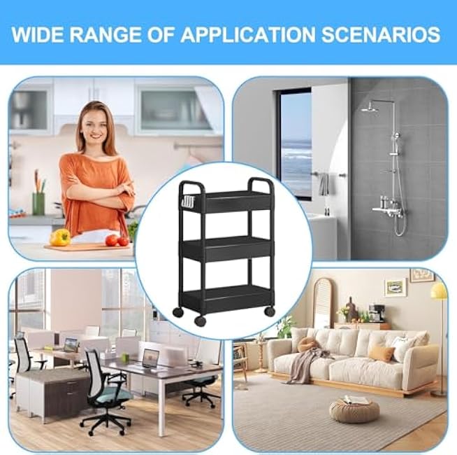 3-Tier Kitchen Storage Cart Utility Cart Bathroom Organizer Mobile Shelving Unit Shelves Multi-Functional Trolley,Craft Cart for Kitchen Office, Laundry, Living Room(Black)-Rd1cxvgc