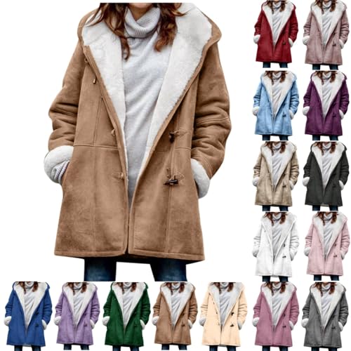 yaoeye Best fall jackets for women 2025 Womens coats Plus Size Fashion trendy Winter shackets Warm Sherpa Fleece Lined Jackets Hooded Parka Faux Suede Pea Coat abrigos de mujer Khaki