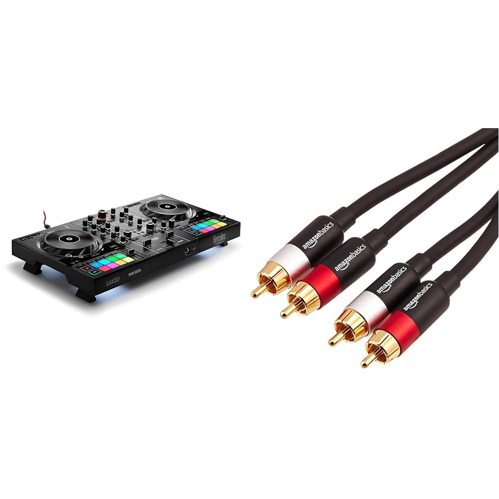Hercules DJControl Inpulse 500 - Controladora de DJ USB de 2 decks para Serato DJ Lite y DJUCED & Amazon Basics - Cable de audio RCA (2 machos a 2 machos), 2.4 metros, Negro, Oro, Rojo, Blanco