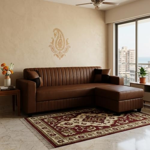 Image of FURNY Gracina 4 Seater L Shape Sofa Set with Movable Ottoman | Flexible Left or Right Layout | Premium Leatherette Upholstery (Brown) | Perfect for Living Room, Guest Room & Office