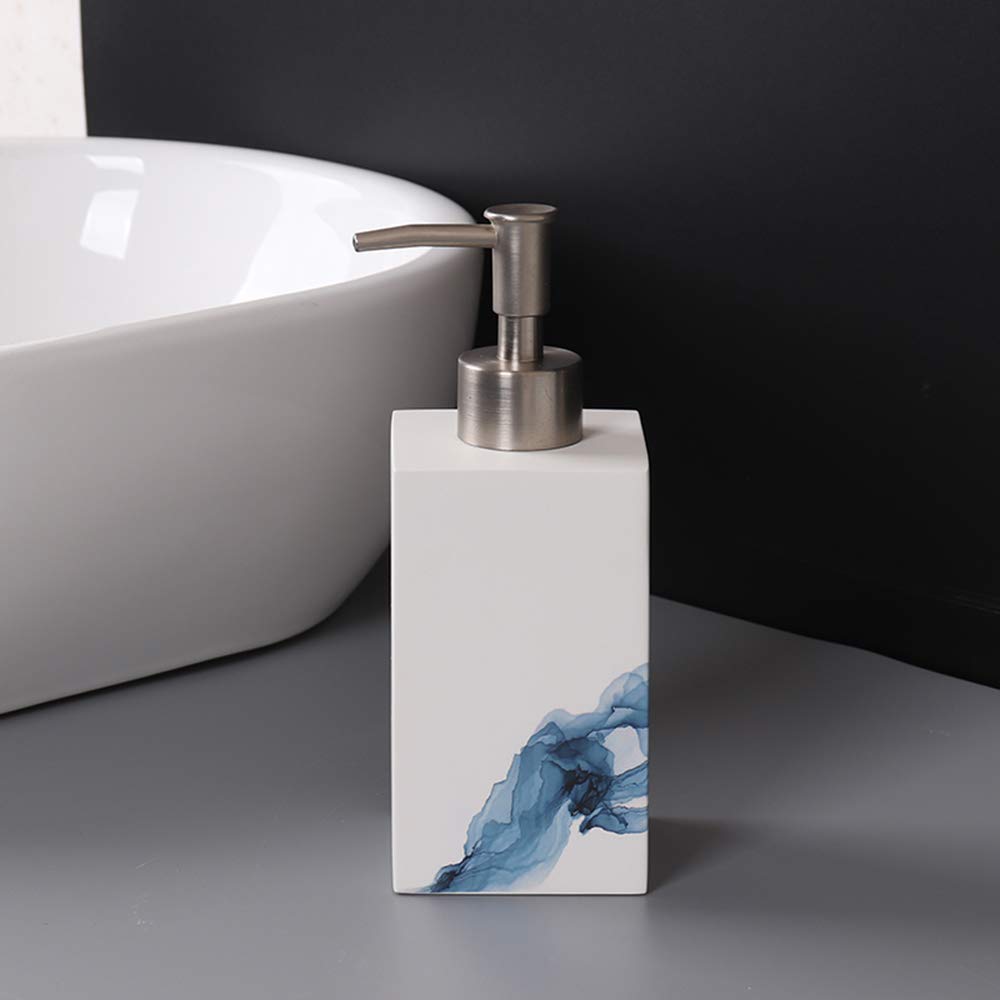 Estilo Antiguo Juego de Accesorios de Baño de Resina Conjunto de Baño con Porta Cepillo de Dientes, 2 Tazas, Dispensador de Jabón Líquido, Jabonera, Azul Impreso,Without Tray