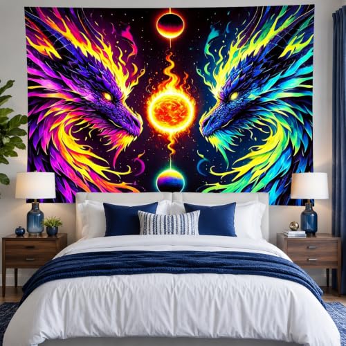 Image of BlissYard Dragon Tapestry Blacklight Tapestry 78x59 Inch UV Wall Hanging | Tapestry for Bedroom with Neon Twin Dragon Artwork for Fantasy Bedroom Dorm and Gaming Room Decor