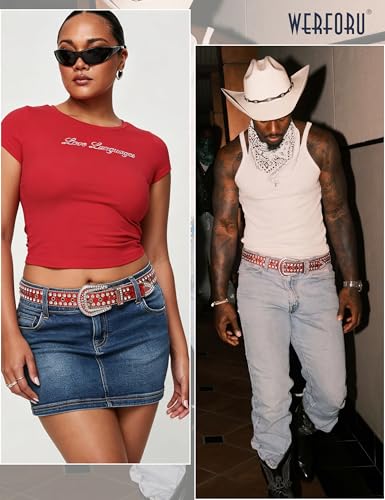 Image of WERFORU Women Men Western Rhinestone Studded Leather Belt Unisex Bling Cowgirl Cowboy Waist Belt for Jeans Pants Dress