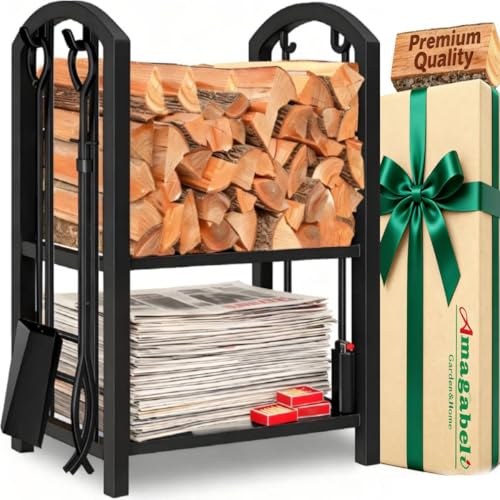 Amagabeli Kaminholzregal Innen Brennholzregal mit 4 Kaminwerkzeug Kaminholzständer Kaminbesteck für Außen Kaminholzhalter Holzregal für Kamin Kaminofen Besteck Schmiedeeisen Schwarz