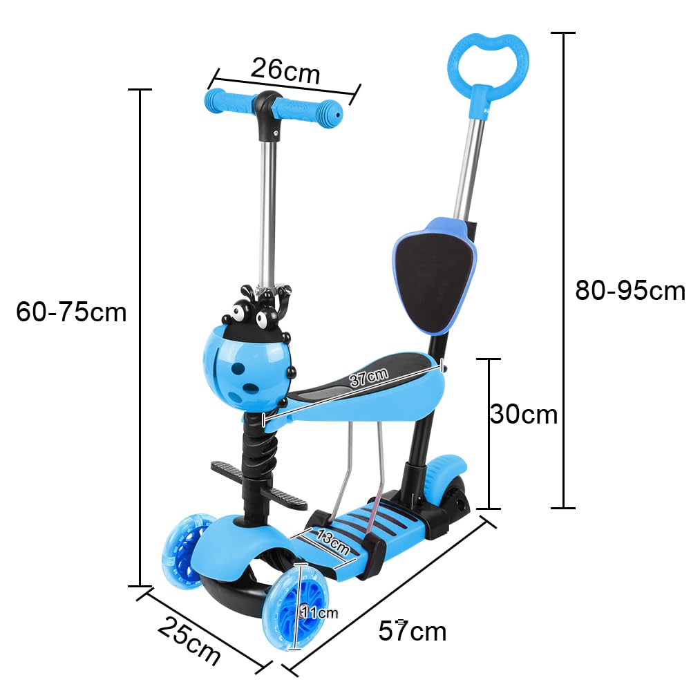 Trottinette avec Siège 5 en 1,Trottinette Enfant,3 Roues Plateau Antidérapant LED, Patinette réglable en Hauteur,Idéal Cadeau pour Enfants 2 a 8 Ans,30KG