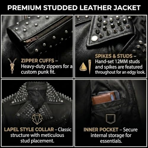 Image of Men's Studded Cowhide Leather Biker Jacket - Punk Rock Spiked Brando Coat