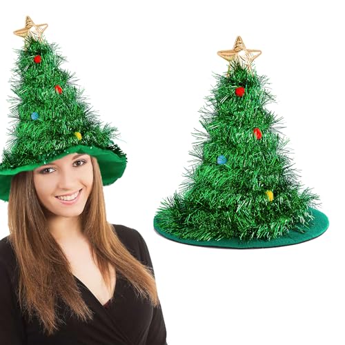 AUOCATTAIL Christmas Theme Green Tinsel Glitter Golden Five-pointed Star Christmas Tree Hats Christmas Holiday Novelty Party Costume Decoration Hat for Adults