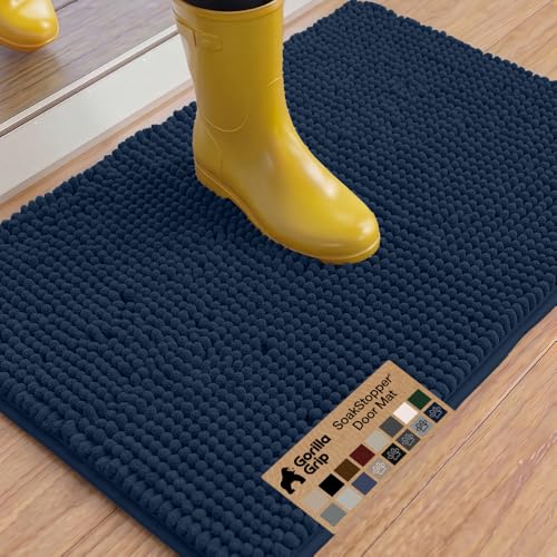 Image of GORILLA GRIP SoakSTOPPER Dog Door Mat, 36x24 Machine Washable Rug Absorbent Doormat Captures Moisture Mud Dirt, Quick Dry Soft Chenille Entryway Rugs Indoor Entrance Mats for Dog Paws, Navy Blue
