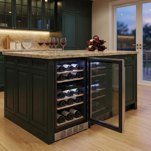 Image of Empava 15 inch Dual Zone Wine Cooler Refrigerator Under Counter with Reversible Glass Door, Freestanding Fridge with LED Light, Touch Control, 26 Bottles Capacity