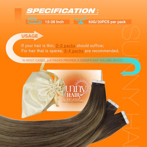 Image of Sunny Hair Brown Tape in Hair Extensions Human Hair Balayage 50g 20Pcs Remy