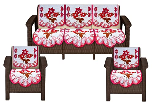 Image of The Furnishing Tree Cotton Floral Knitted Pattern 10 Pieces 5 Seater Sofa Cover Set Pink