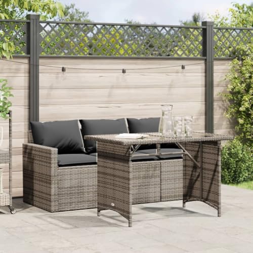 Bucmath Juego de 2 muebles de jardín con cojín, gris, ratán sintético, 177 x 70 x 68 cm, sofá, mesa de cristal, resistente a los rayos UV, para balcón y terraza