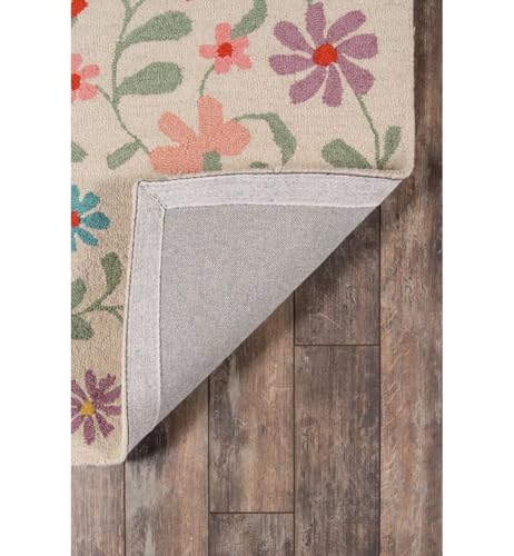 Image of Floral Pattern Wool Carpet with Loop Texture Yarn Anti Shedding Carpet Size 10x14 Feet A3 Ivory & Multi