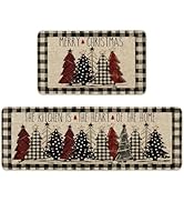 Artoid Mode Buffalo Plaid Xmas Tree Merry Christmas Kitchen Mats Set of 2, Winter Home Decor Low-...
