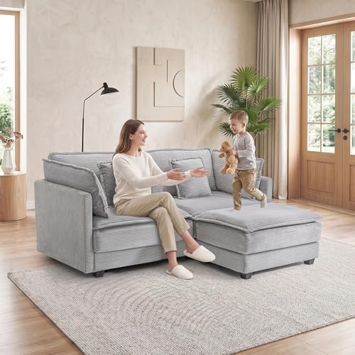 Image of 78.4 inch Corduroy Loveseat Sectional, Small L Shaped Sofa Couch with Ottoman for Apartment, Office, or Bedroom, Lightgrey