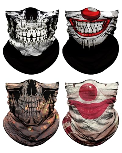 Lauzq 4Pack Neck Gaiter for Men Women Face Cover Mask Head Wrap Balaclava Headwear Bandana Headband Magic Scarf (A-Bonehead Clown-1 one size)