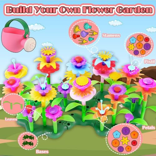 Image of FUNZBO 99pcs Girls Flower Garden Building Toys Set - Spring Toys for 3 4 5 6 7 8 9 Years Old Girls, STEM Montessori Educational Toys for Toddlers Kids,Sorting & Stacking Toy for Birthday Gifts