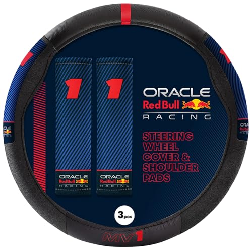 Image of Red Bull Racing Steering Wheel Cover - Universal Fit, Perforated Leather with Cloth Grips, Sporty Design, Protects & Enhances Your Vehicle's Style (RBSWCK002MVBR)