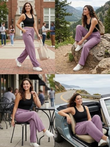 Image of Leriya Fashion Women Relaxed Fit Wide Leg Trousers | Malai Cottage Elastic Drawstring Wide Leg Pants for Women | Casual Straight Lounge Pants with Pockets | Stylish Everyday Office Outfit Bottom Pant