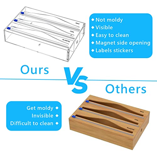 Kdsksc Tin Foil Organizer For Drawer With 12 Labels, Plastic Wrap Dispenser With Cutter, 3 In 1 Acrylic Aluminum Foil Holder, 2 Drawer Organizer For Kitchen Wrap Not Moldy | Visible | Fits 12" Roll #TOP4