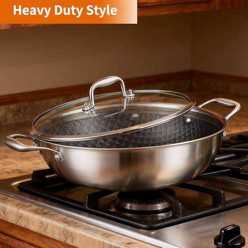 Image of DELARLO 13 Inch Stainless Steel Nonstick Wok Pan with Lid 5.5Qt Pot | Tri-Ply Deep 5.5-quart wok with dual handles heats evenly, is oven safe to 550F, and works with induction and all cooktops.