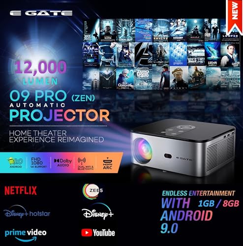 Image of EGate O9 Pro-Zen Projector, Full HD 1080p, 12000 Lumens LED, 4K Support, Android | 1GB-8GB| ARC HDMI | Auto (Focus + Keystone + Tilt + Screen Fit + Obstacle Shift) Dolby, WiFi+BT (EO9025,Black)