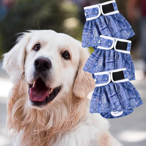 Image of wegreeco Dog Diapers Female (3 Pack), Highly Absorbent Puppy Doggie Dog Diapers for Female Dogs Period, Washable Doggy for in Heat, Small Medium Large Size (Classic Jeans, Large)